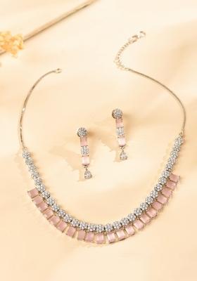Silver Plated Baby Pink Rectangular Stone Ad Necklace Set
