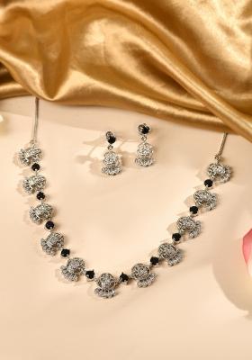 Silver Plated Ad Black Stone Temple Jewellery Set