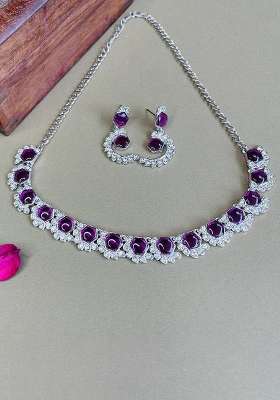 Purple Alloy American Diamonds and Stone Necklace Set