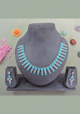 Turquoise Alloy American Diamonds and Stone Necklace Set