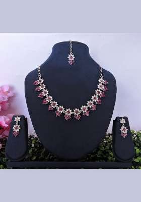 Purple Alloy American Diamonds and Stone Necklace Set
