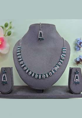 Green Alloy American Diamonds and Stone Necklace Set
