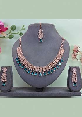 Green Alloy American Diamonds and Stone Necklace Set