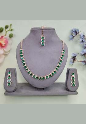 Green Alloy American Diamonds and Stone Necklace Set