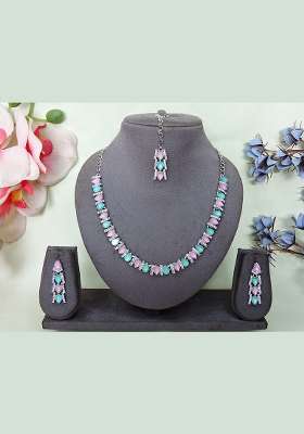 Green Alloy American Diamonds and Stone Necklace Set