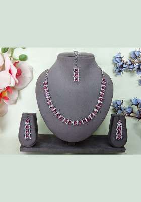 Purple Alloy American Diamonds and Stone Necklace Set