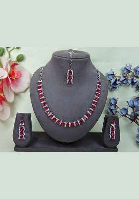 Pink Alloy American Diamonds and Stone Necklace Set
