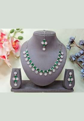 Green Alloy American Diamonds and Stone Necklace Set