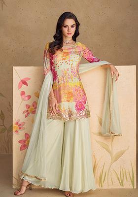 White Premium Chinon Silk Festive Set Embroidered Shrug & Mirror Work Blouse with Palazzo - Buy