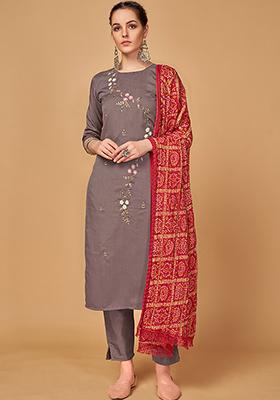 Women  Mauve Silk Thread Embroidered Kurta Set With Dupatta