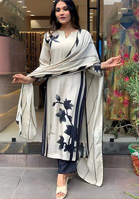White Silk Kurta Set With Abstract Prints main image 1