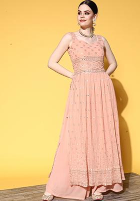 国内発送 Sequin Zari Peach Women Buy Embroidered Set Kurta Georgette ワンピース