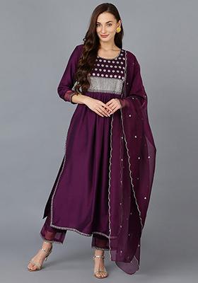 Purple Embroidered Silk Blend A-Line Kurta Pant Set