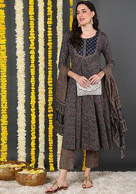 Idalia Women's Rama Green & Navy Blue Cotton Kurta Set - 3/4 Sleeve With Palazzo Pants - View #5