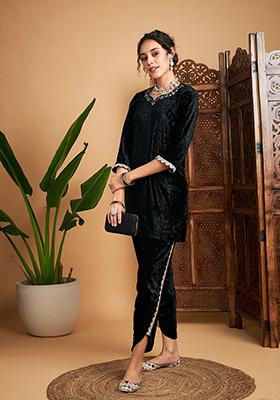 Black Heavy Stretchable Velvet Partywear Coord set with Heavy hand embroidery Work on Border main image 0