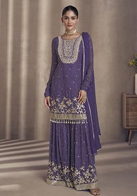 Buy Women Purple Embroidered Georgette Sharara Set - XKS12282 - Three ...