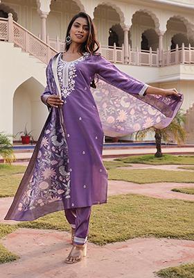 Dark Purple - Plain Slub Silk Straight Kurta with Ikat Patchwork