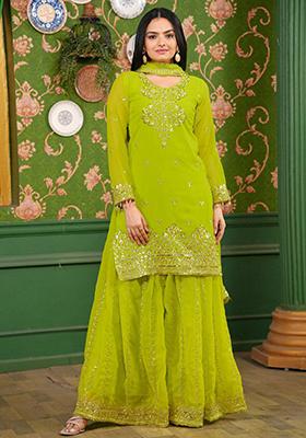 Green Georgette Printed Draped Angrakha Sharara Set main image 0