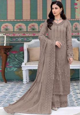 Brown Embroidered Georgette Pakastani Palazzo Set With Dupatta
