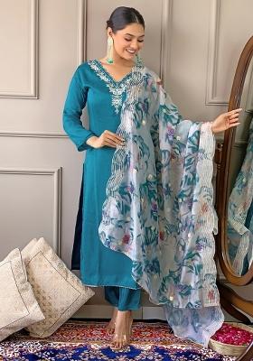 Teal Blue Embroidered Viscose Salwar Kameez With Dupatta
