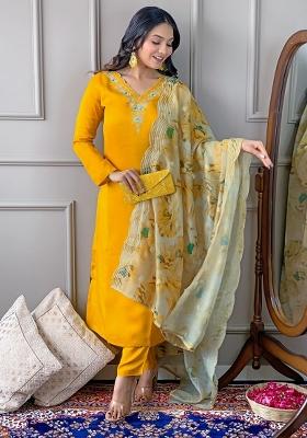 Brown Embroidered Cotton Blend Salwar Kameez With Dupatta