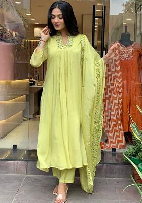 Lemon Green Embroidered Chinnon Salwar Kameez With Dupatta