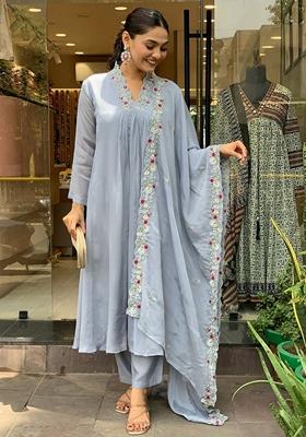 Grey Embroidered Chinnon Salwar Kameez With Dupatta