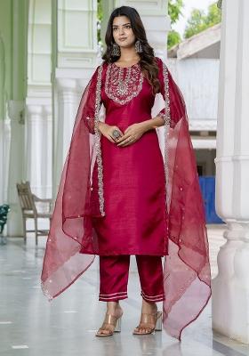 Cherry Red Embroidered Silk Blend Salwar Kameez With Dupatta