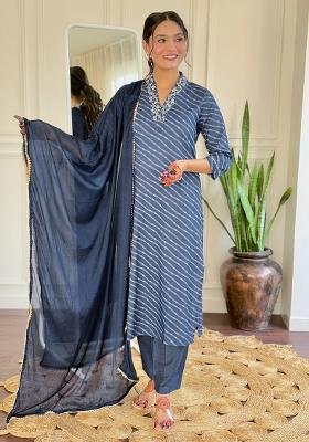 Navy Blue Embroidered Chinon Salwar Kameez With Dupatta