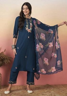 Blue Embroidered Chanderi Salwar Kameez With Dupatta