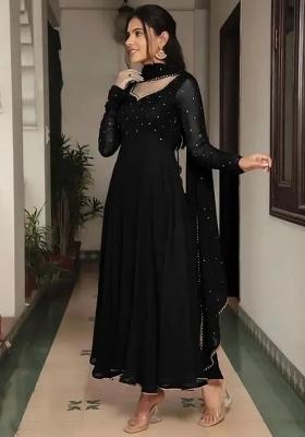 Black Embellished Georgette Anarkali With Dupatta — House of Indya