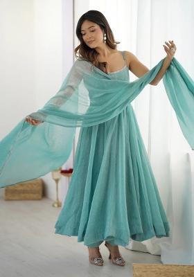 Aqua Blue Solid Silk Blend Anarkali With Dupatta — House of Indya