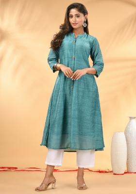 Teal Solid Cotton Kurta Set