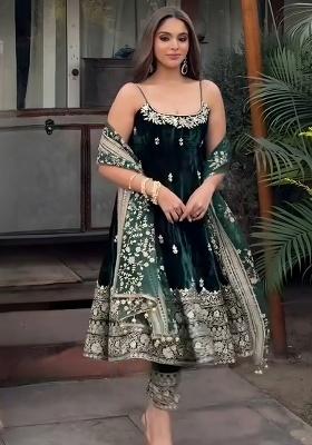 Green Embroidery Silk Salwar Kameez — House of Indya