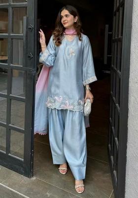 Blue Embroidered Silk Blend Punjabi Suit — House of Indya