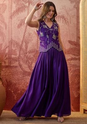 Purple Embroidered Vichitra Fusion Set