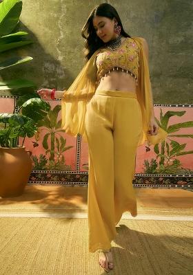Yellow Embroidered Georgette Fusion Set
