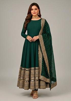 Green Embroidered Silk Blend Anarkali Set — House of Indya