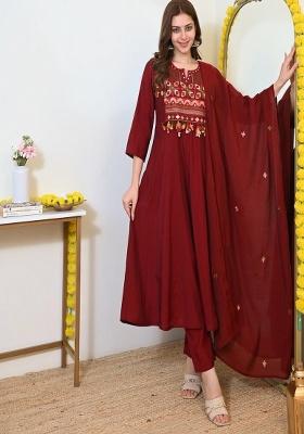 Red Embroidered Cotton A Line Kurta Set