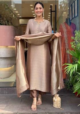 Brown Embroidery Tissue Kurta Set — House of Indya