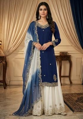 Blue Embroidery Crepe Salwar Kameez — House of Indya