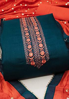 Blue - Slub Silk Embroidered Plain Kurta Set (Set of 3) 12