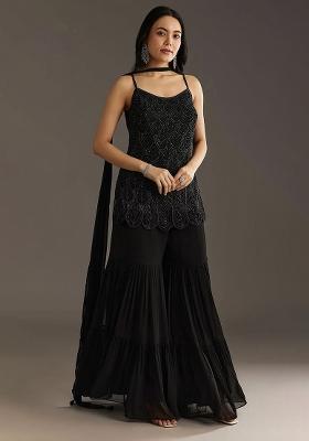 Black Embroidered Georgette Sharara Set — House of Indya