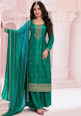 Green Embroidered Silk Blend Straight Kurta Set — House of Indya