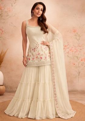 Beige Embroidery Georgette Sharara Set — House of Indya