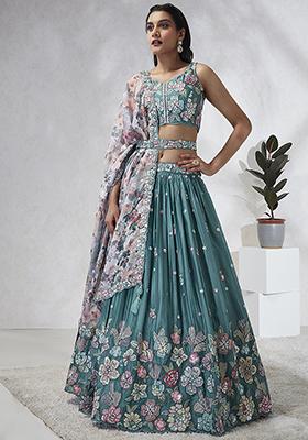 Turquoise Georgette Cording Threads Embroidered Lehenga Choli