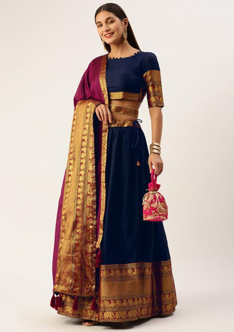 Women Navy Ethnic Motif Printed Satin Lehngha Choli & Dupatta Set With Sequins & Zari Work