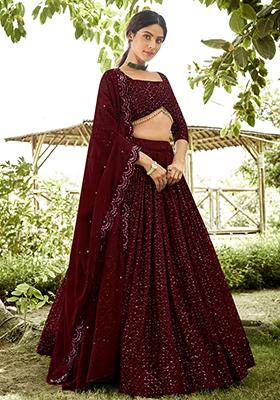 Maroon Embroidered Georgette Lehenga Set — House of Indya