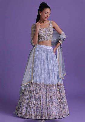 Blue Floral Print Georgette Lehenga Set — House of Indya