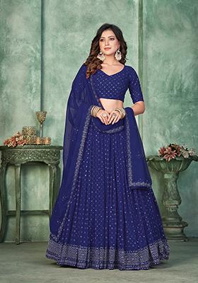 Navy Blue Embroidererd Georgette Lehenga Set With Dupatta — House of Indya